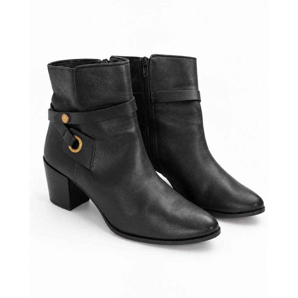 Anne Klein Womens Black Leather Ankle Boots Harness Strap Block Heel Size 6